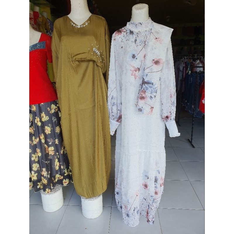 Gamis Set Kerudung Motif Bunga Flower Print Maxi Dress Ceruty Chiffon Sifon - Raya Collection Lebara