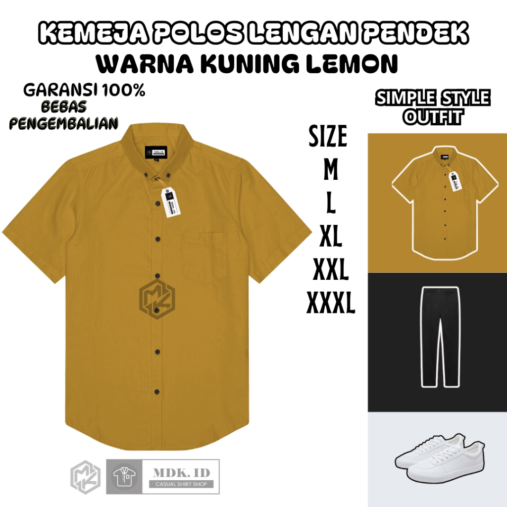 MDX.ID Kemeja pria lengan pendek polos warna mustard kuning kunyit casual slimfit hem pria