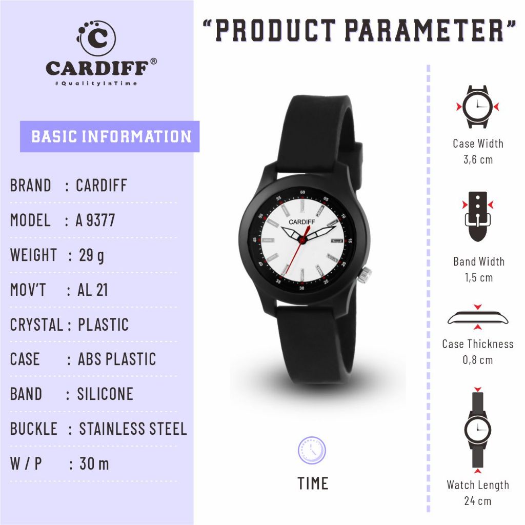 CARDIFF Jam Tangan Analog Karet 9377 (Tanpa Tanggal) | Tahan Air | 3ATM