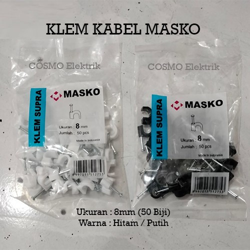 Masko Klem Kabel 8mm / Klip Kabel Paku Beton Isi 50 biji Putih Hitam