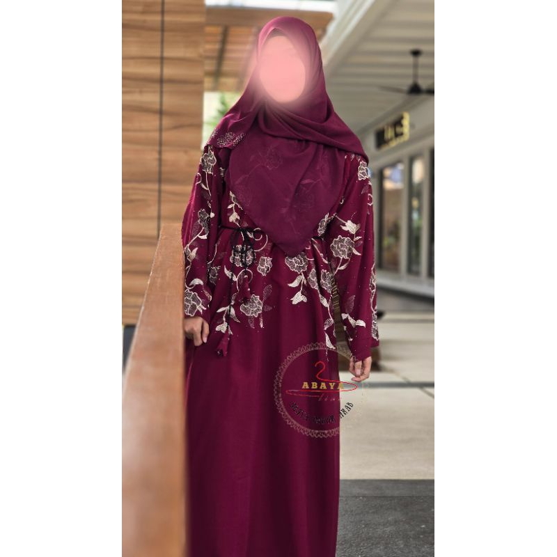 Kode D Abaya Import Madinah original arab saudi bordir bunga motif maroon hitam hijau free belt pash
