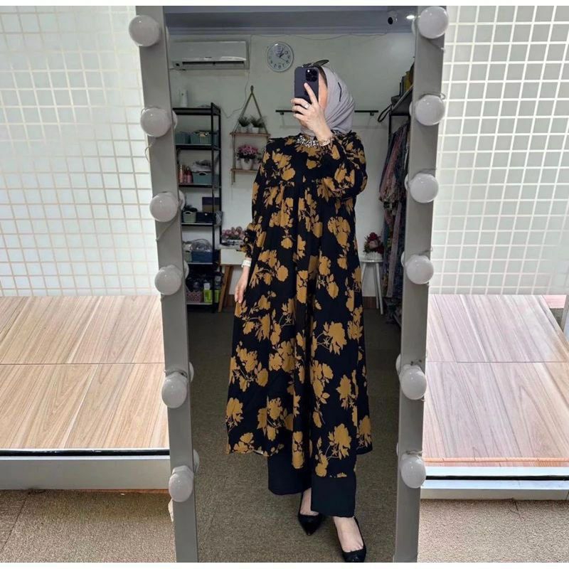 (Khusus Batam) Setelan Long Tunik Rosey Bahan Rayon Mix Celana Crinkle