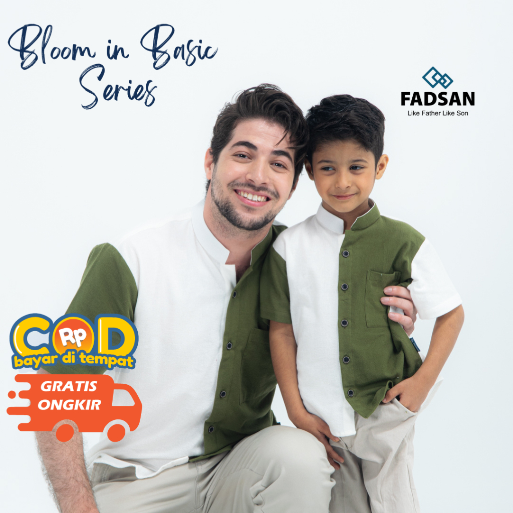 Fadsan Baju Kemeja Koko Couple Ayah dan Anak Laki Laki Atasan Pria Dewasa Kombinasi Dua Warna Polos 