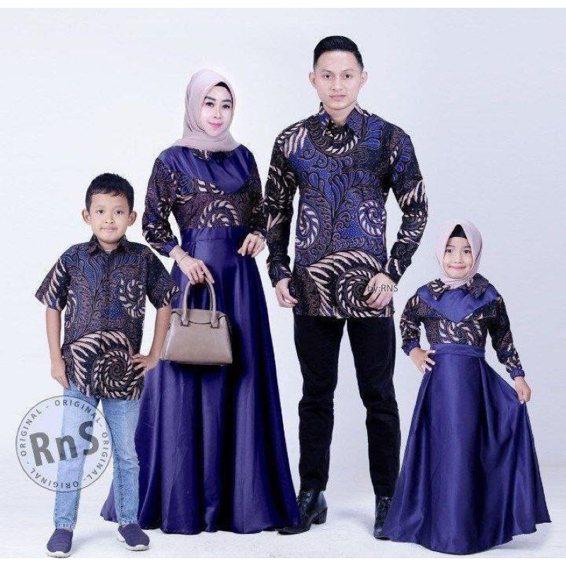 Baju Batik Couple Keluarga Pasangan Suami Istri Dan Anak Laki Laki New Motif Puser Biru Velvet