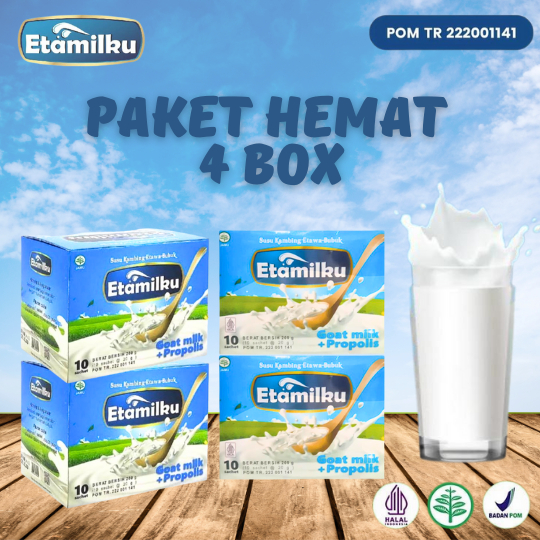 

Paket 4 Box ETAMILKU: Susu Kambing Etawa, Propolis, & Madu – Etawaku Platinum Goat Milk