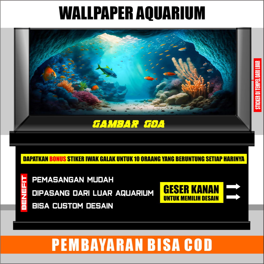sticker skotlet wallpaper background hiasan aquarium belakang 3d timbul kaca aquaspace goa cave