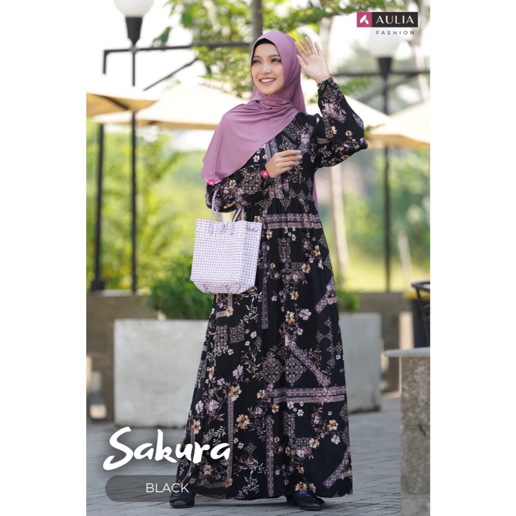 DRESS WANITA KOREAN STYLE DAILY MOTIF BUNGA SAKURA || GAMIS SAKURA BLACK BY AULIA