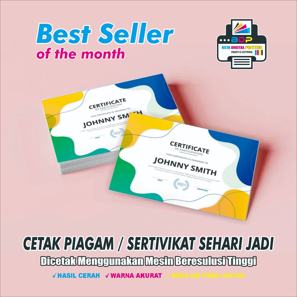 

Cetak Piagam/Sertifikat Custom Satuan A4 Sehari Jadi