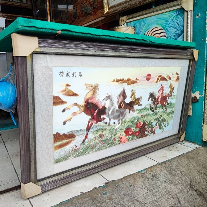 lukisan kuda berlari 8 ekor sulam fengshui