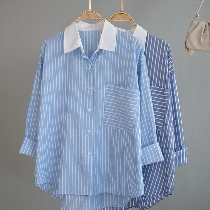 Kemeja Salur Wanita / Kemeja Salur Lengan Panjang / Atasan Wanita lengan panjang