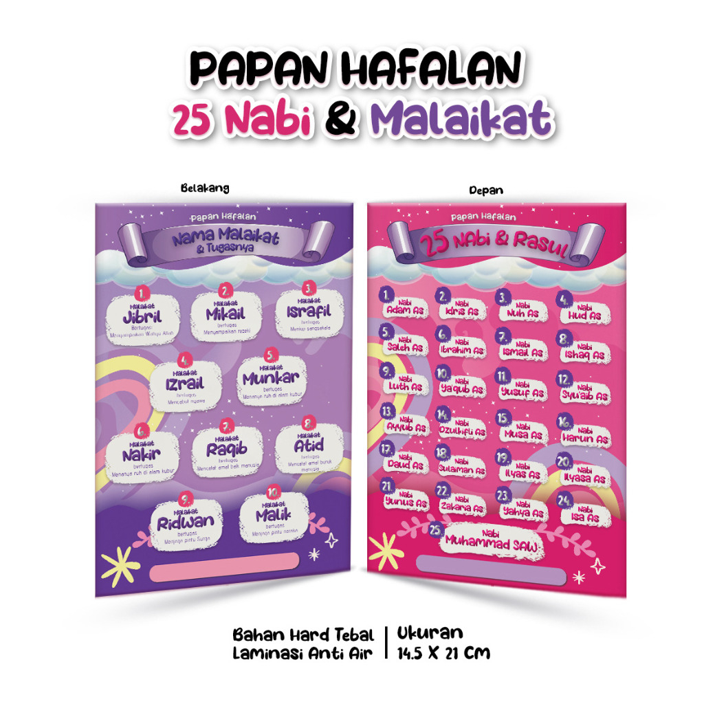 

Table Papan Hafalan 25 Nabi & Malaikat Bahan Hard Tebal Laminasi Anti Air Ukuran 14,5 x 21 cm Varian Unggu & Merah Jambu ( papan Hafalan )