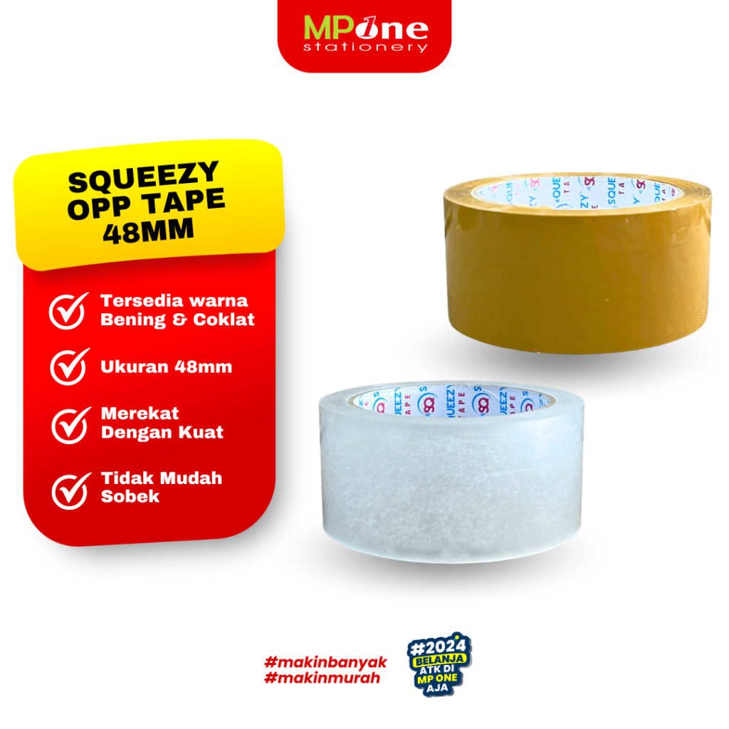 (1 ROLL) Squeezy Opp Tape 48MM Bening & Coklat / Lakban Besar Packing Tape Squeezy