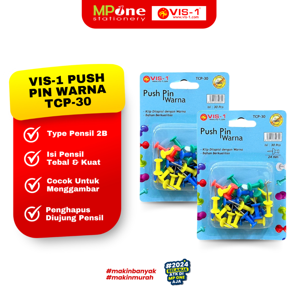 

(1 PACK) Vis-1 Push Pin Warna Warni TCP-30 / Paku Payung Warna Warni / Penancap Styrofoam VIS-1 TCP-30