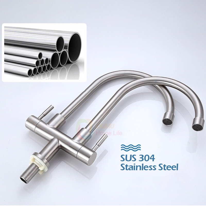 Kran Sink Double Rotasi 360/Kran Wastafel Double Cabang/Kran Cuci Piring 1/2inci/Kran Air Stainless