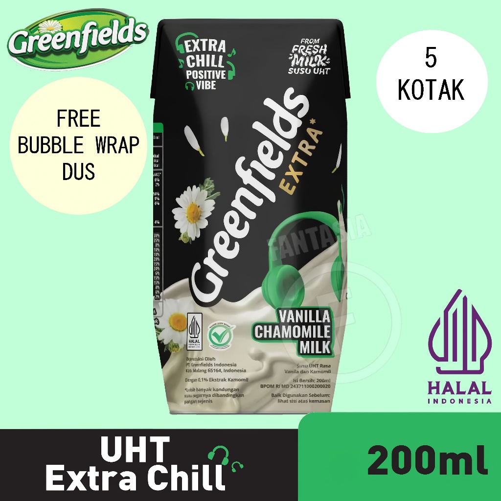 

GREENFIELDS SUSU UHT EXTRA Vanilla Chamomile 200ML PACK ISI 5 KOTAK FUN CORNER