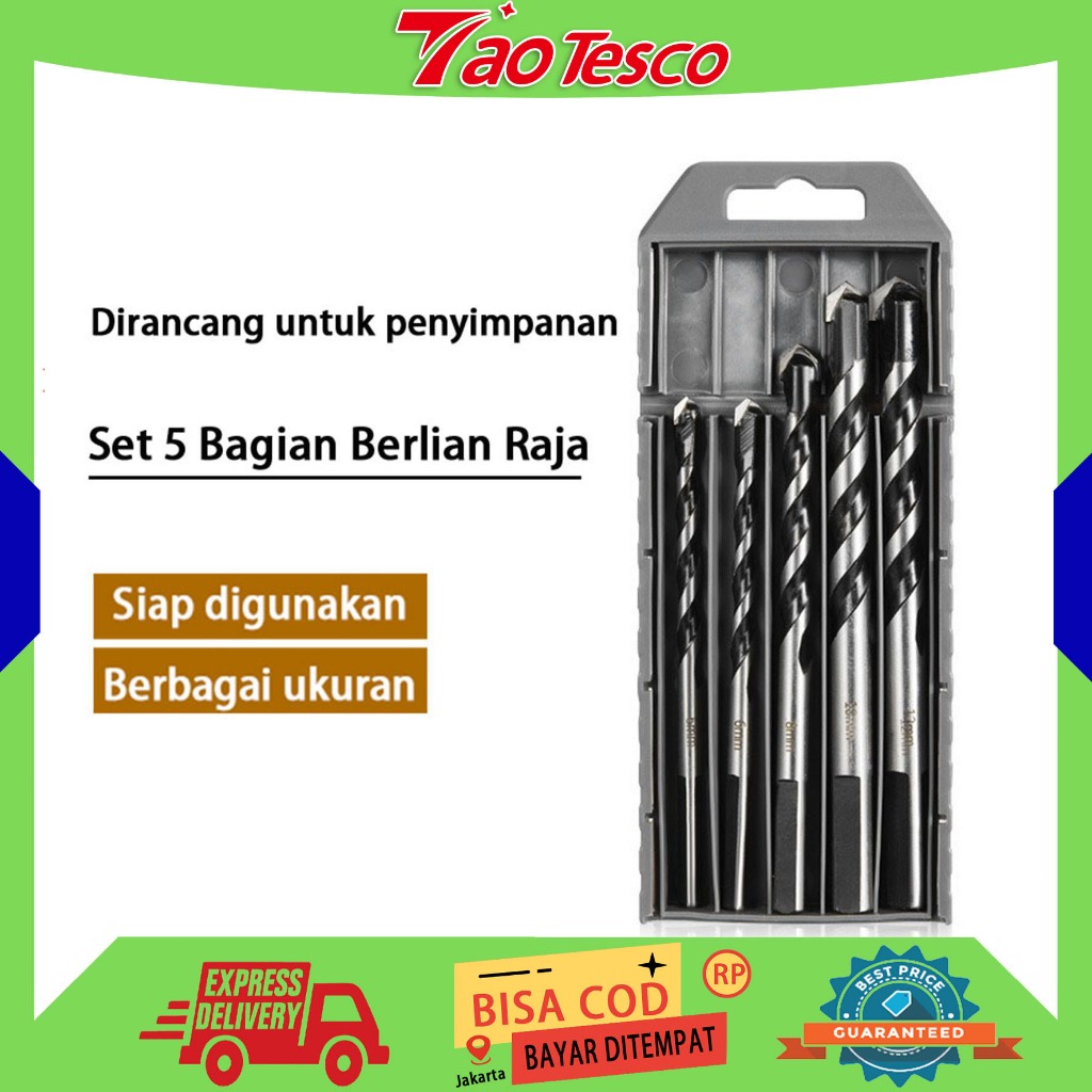 （ORI,COD)Mata Bor Besi Baja 1 Set 5pcs Mata Bor Tombak Segitiga 6mm 6mm 8mm10mm 12mm Keramik Kaca Te