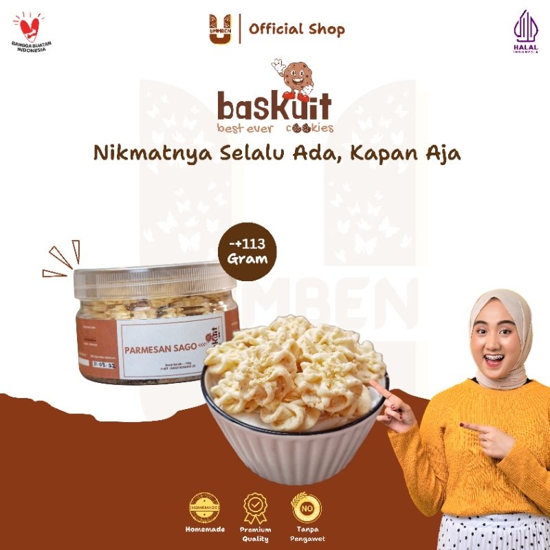 

BASKUIT Ummben Cookies Parmesan Sago Toples 113g Cemilan Kue Kering Lebaran Natal Homemade Premium Halal