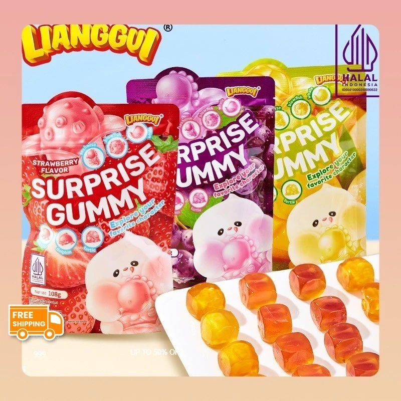 

Lianggui Surprise Gummy Permen Lunak 6 Karakter Hewan 108gr Halal / Liang Gui Permen Lunak Halal Rasa Buah Anggur / Stroberi / Mangga