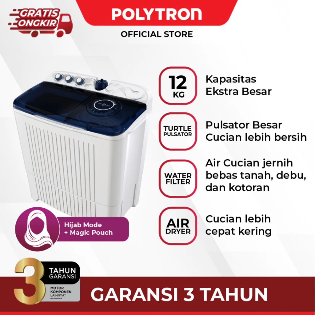 MESIN CUCI POLYTRON 12 KG PWM-1203 DUA TABUNG 12KG PWM1203 PWM 1203