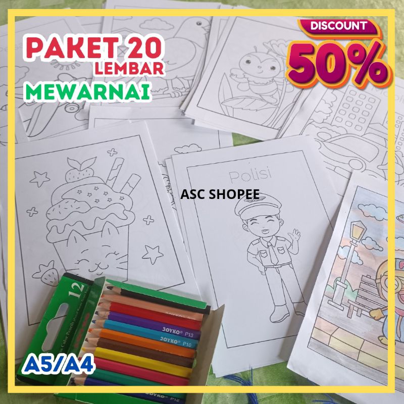 

20 lembar mewarnai FREE Pensil mewarnai kertas MEWARNAI / WORKSHEET / Buku gambar anak tk paud