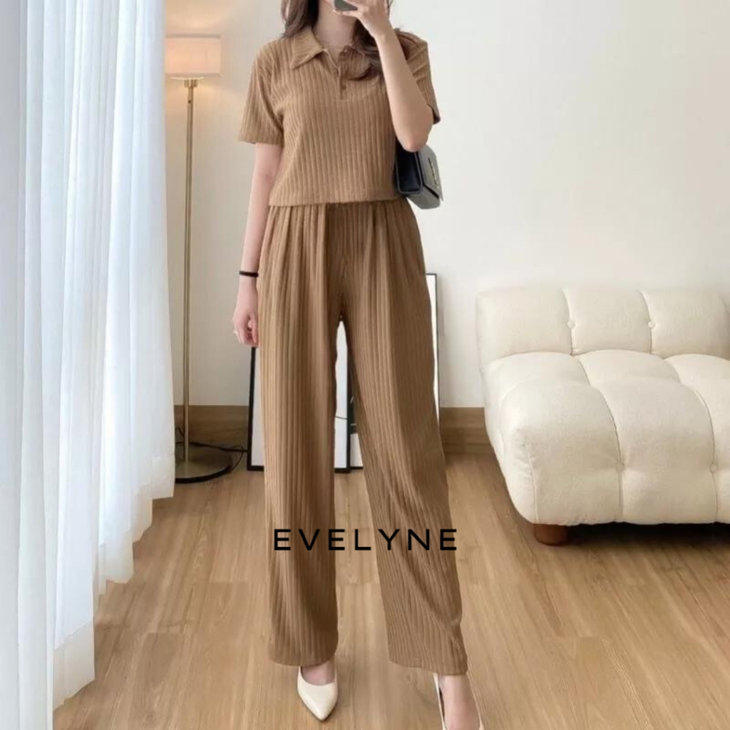 EVELYNE - Oneset Knit Polo Celana Panjang Set Rib Knit Premium Setelan Knit Hornet Wanita Atasan Cro