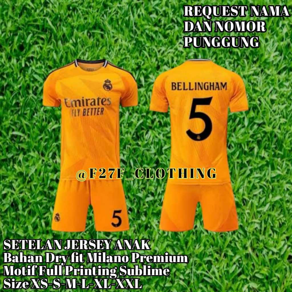 Setelan Jersey Anak Real madrid Musim Terbaru Bellingham Away / Baju Bola Anak Real madrid / Setelan