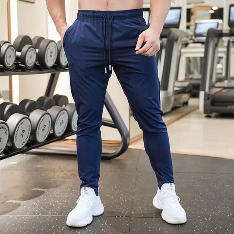 Celana training panjang olahraga pria import gym senam aerobic yoga slim fit elastis hitam
