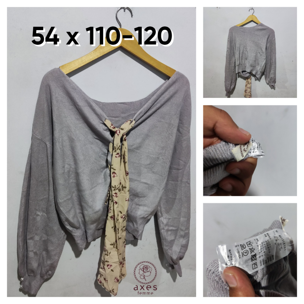 Sweater Axes Femme Abu Silver Tali Depan Size M Wanita Lengan Balon Atasan Cewek Outer Cantik Lengan