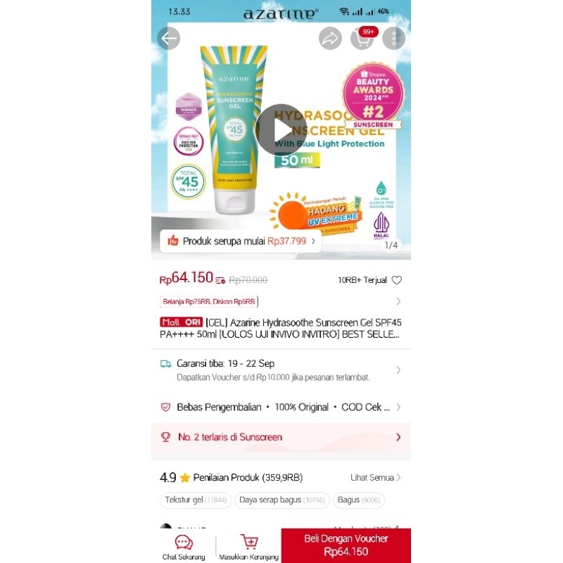 Sunscreen hydrasoothe azarine