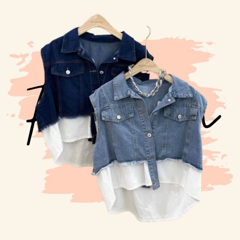 KENSHOP - Rompi Jeans Atasan Denim Wanita Tanpa Lengan Korean Style