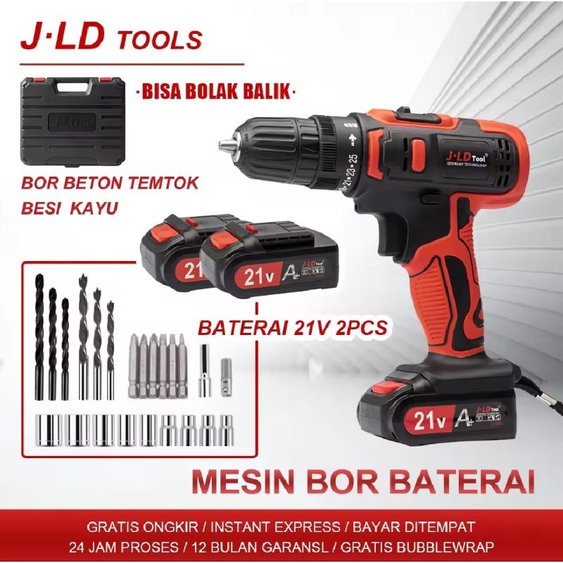 JLD Mesin bor baterai 21V Mesin bor cas 2 baterai promo bor tangan tanpa kabel 10mm bor bolak balik 