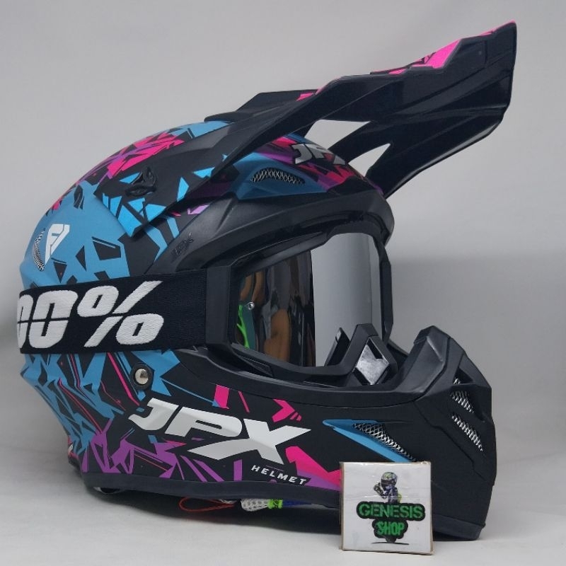 Helm JPX full face helm JPX CROSS FOX1 motif X33 dan goggle 100% GS (GOGGLE SAJA)