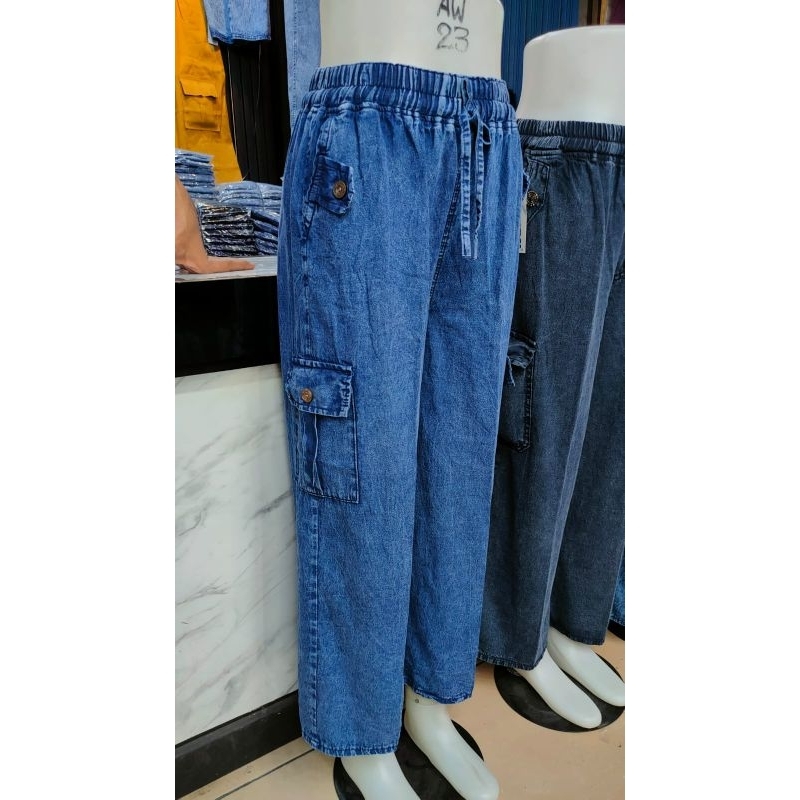 CELANA JEANS CARGO WANITA PINGGANG KARET
