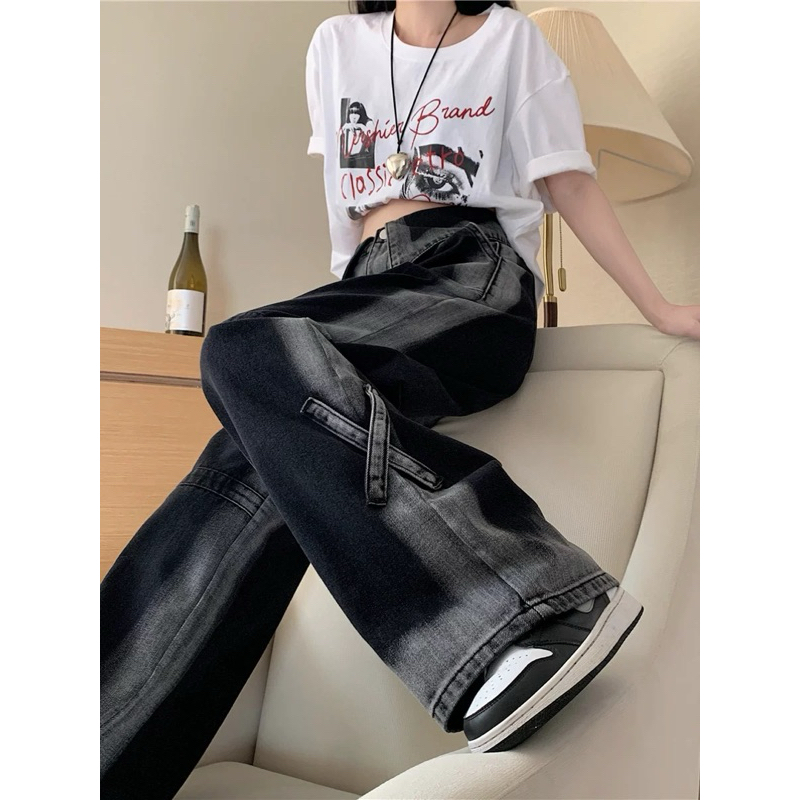 Mio Two Tone Jeans | MILLKTEAS | Celana Jeans Wanita High Waist Oversize Baggy Longgar Celana Jeans 