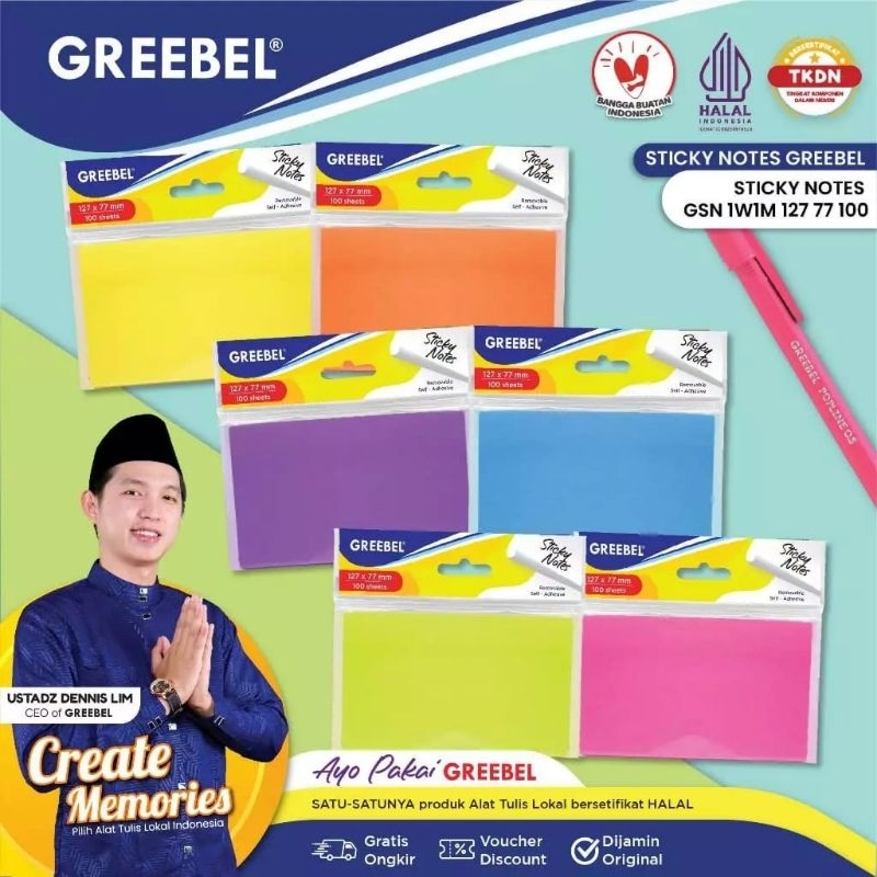 

Greebel Sticky Notes GSN 1W1M 127x77 100 sheet / notepad bentuk warna warni