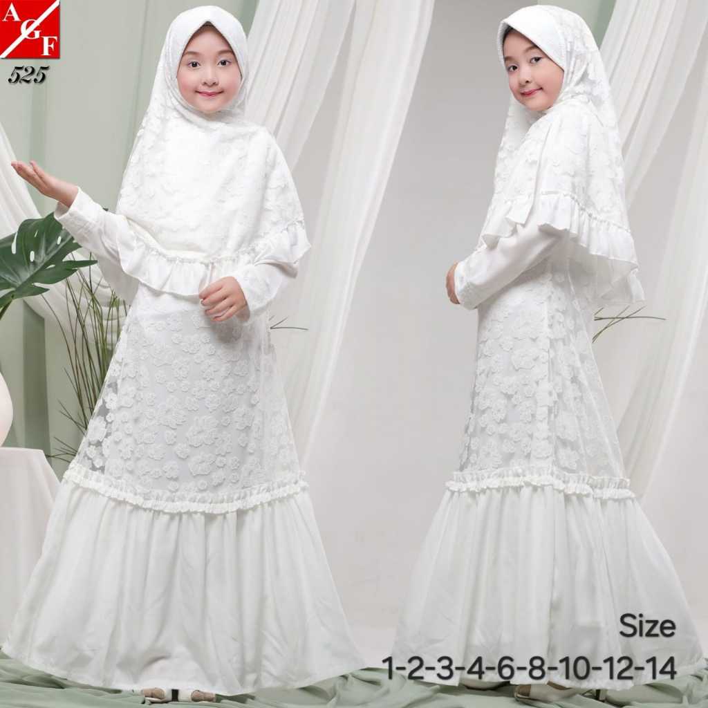 Gamis Muslim Anak Set Kerudung Woolfis Kombinasi Brukat Glitter 525 Agnes Fashion