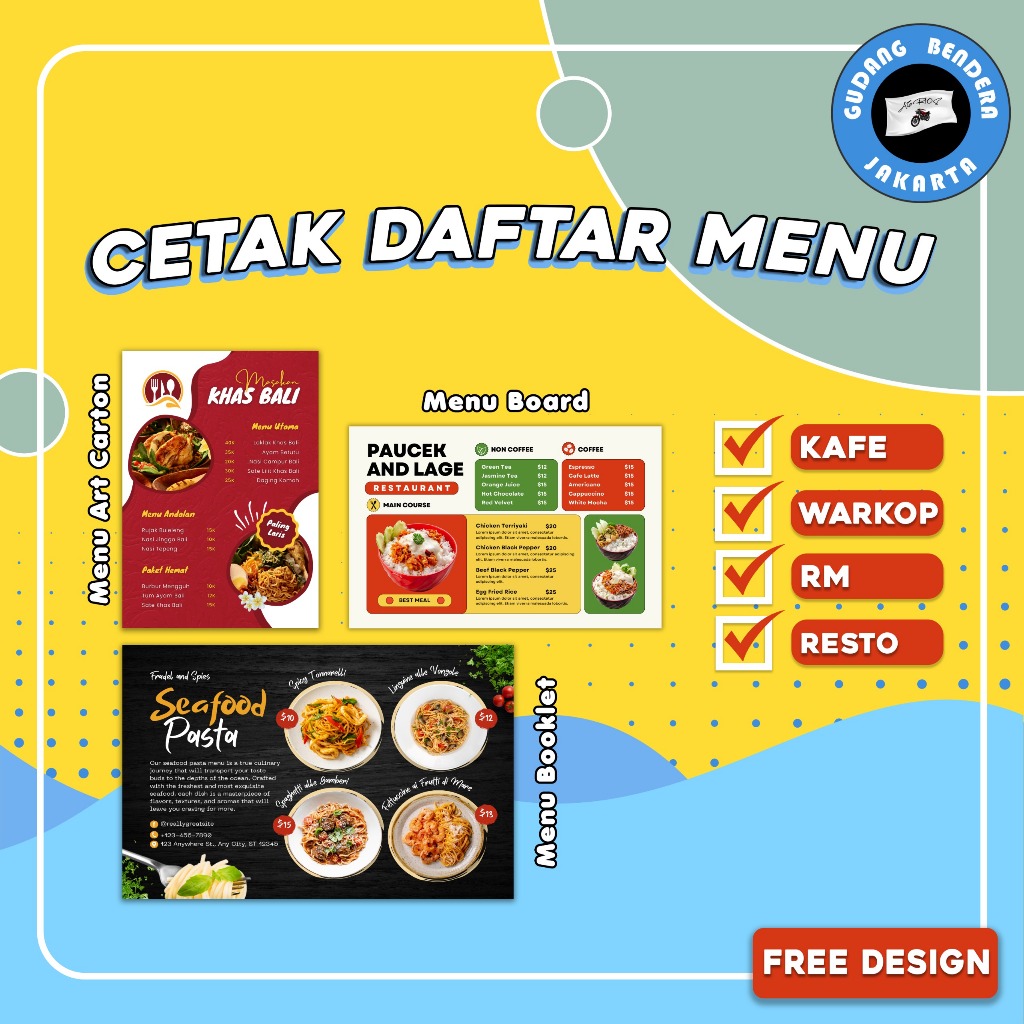 CETAK DAFTAR MENU MAKANAN MINUMAN UMKM CAFE RUMAH MAKAN WARKOP WARUNG RESTORAN MENU KARTON MENU BOAR