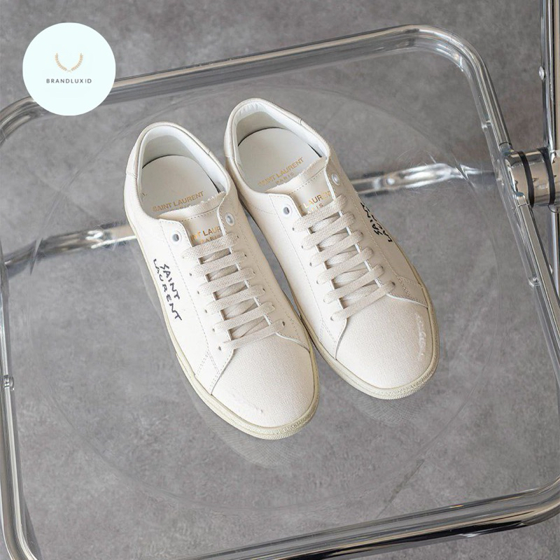 Saint Laurent Paris Court Signature Sneakers Classic Embroidered Cream