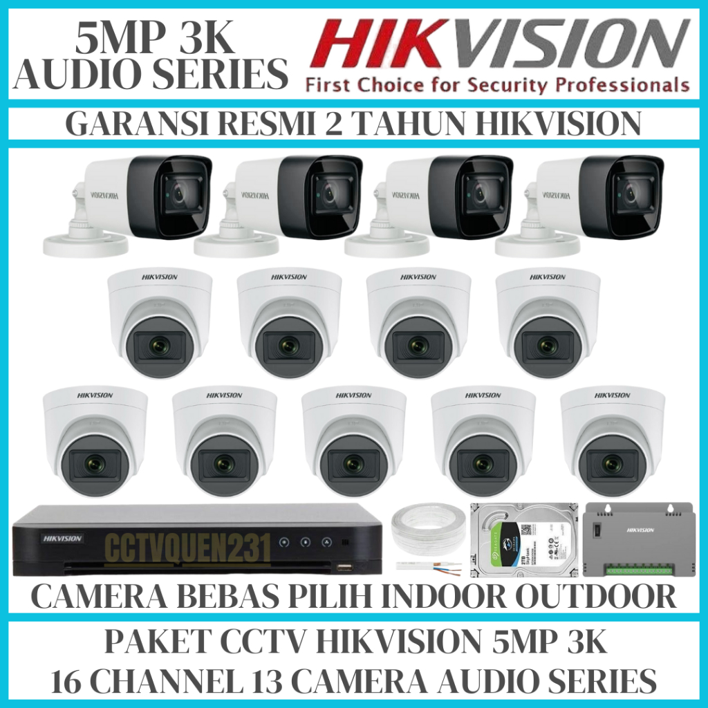PAKET CCTV HIKVISION 16 CHANNEL 13 CAMERA TURBO HD KAMERA CCTV KOMPLIT
