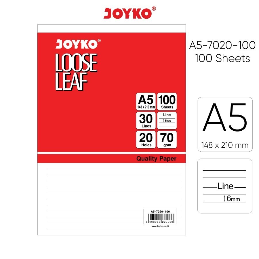 

Kertas Loose Leaf A5 JOYKO Bergaris100 Lembar/Kertas Binder