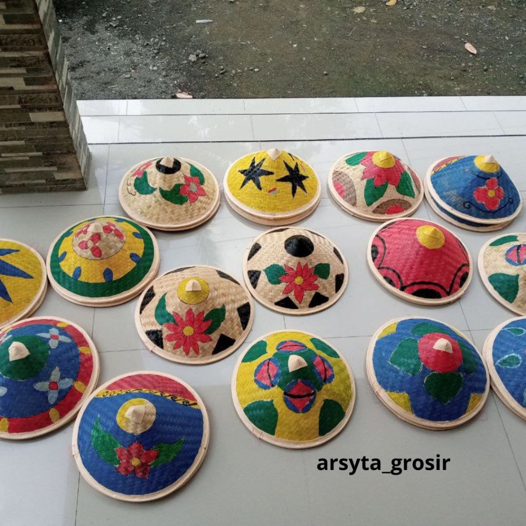 Caping petani motif lukis lucu / topi caping anak-dewasa