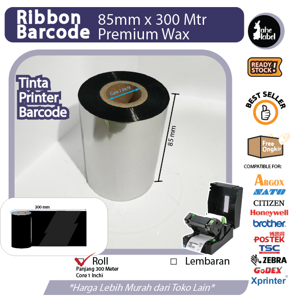 

RIBBON WAX RESIN 85mmx300 CORE 1 INCH FACE OUT PITA RIBBON BARCODE 85x300M FACE OUT