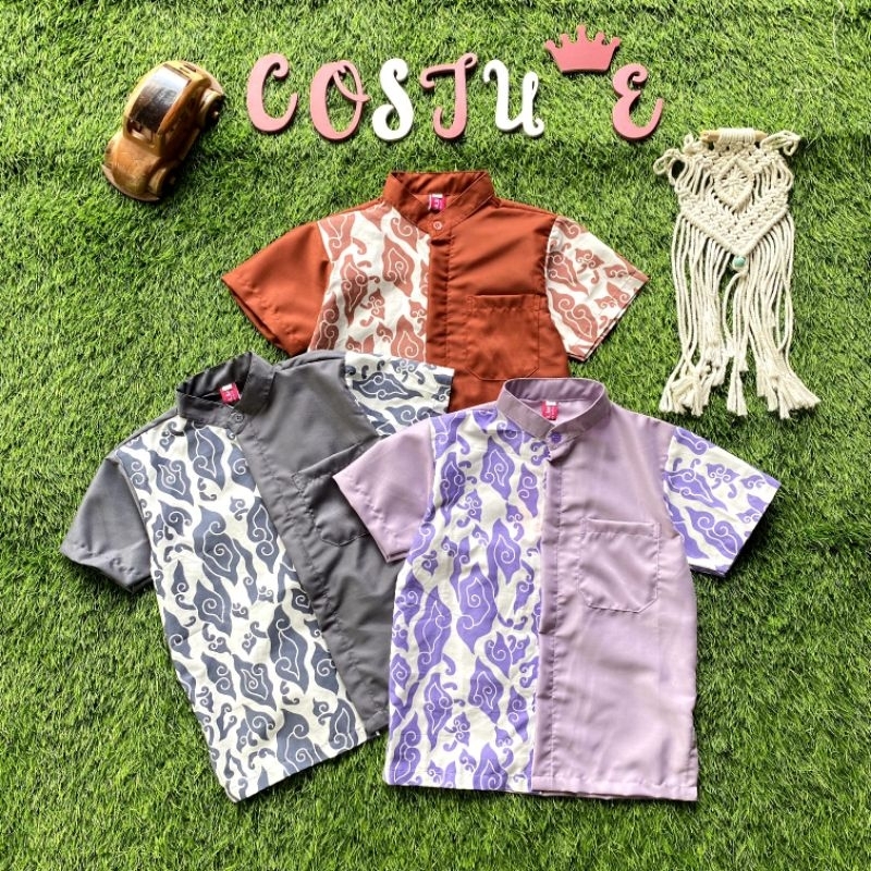 Batik Costume Kemeja Motif Mega Mendung Ungu Abu Teracota Kerah Koko