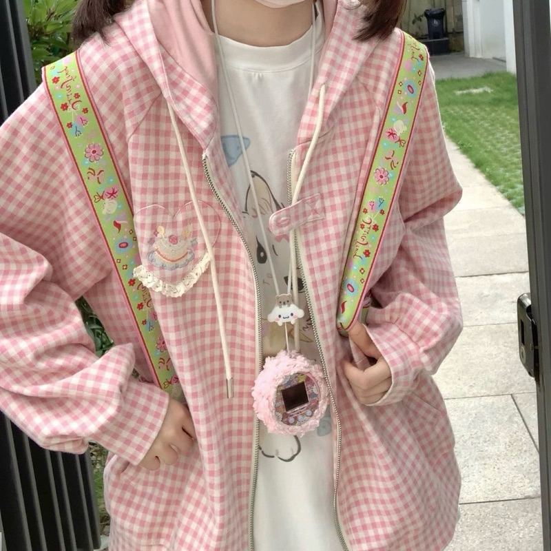 Yuka Pink Plaid Jacket | MILKTEAS | Jaket Wanita Lucu Motif Kotak Kotak Plaid Pink Pastel Jaket Kawa