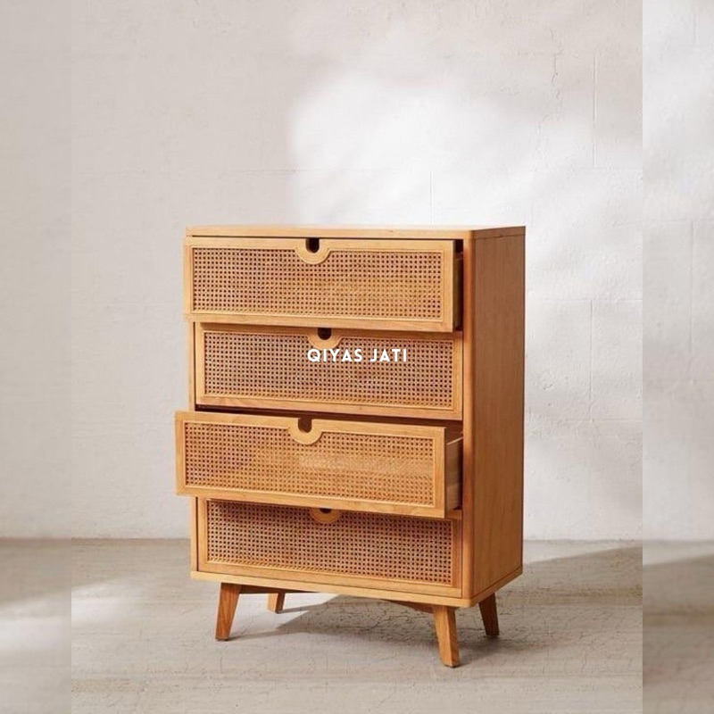 Nakas cabinet 4 laci minimalis, console table kayu jati 4 laci rotan asli