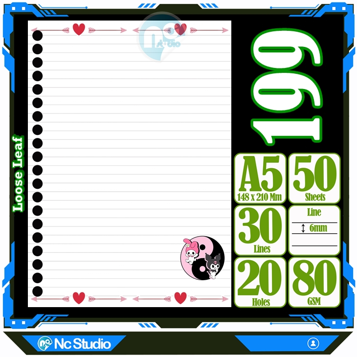 

Loose leaf Kertas binder A5 Isi 50 Lembar Polos karakter Love lucu kucing hello kitty My melody Cute Buku Refil isi ulang Repil Vol-3