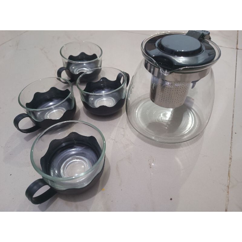 teko minuman teh herbal teapot China Chinese tea 900ml plus 4 gelas teko kaca