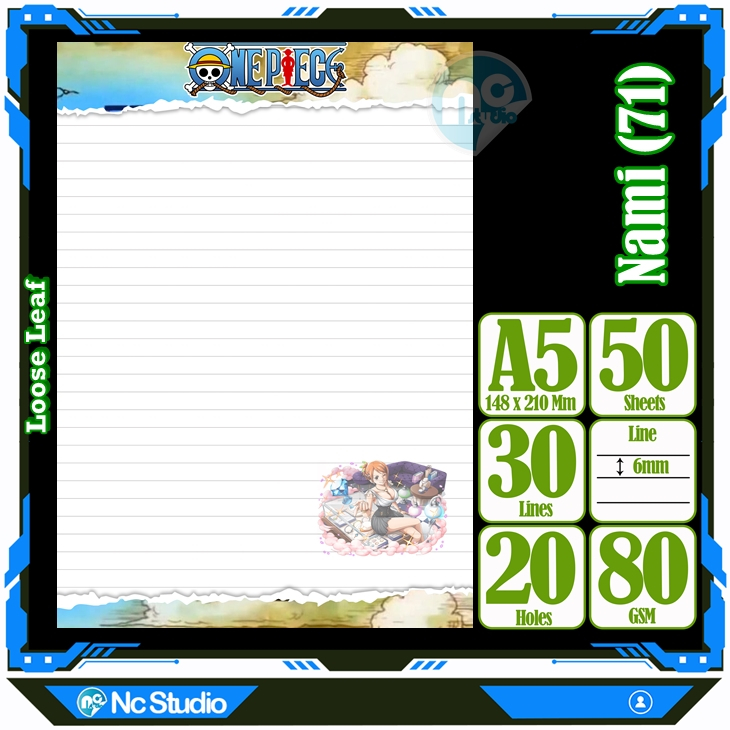 

Loose leaf Kertas binder A5 Isi 50 Lembar Polos karakter Nami One Piece Anime Kartun Buku Refil isi ulang Repil Vol-27