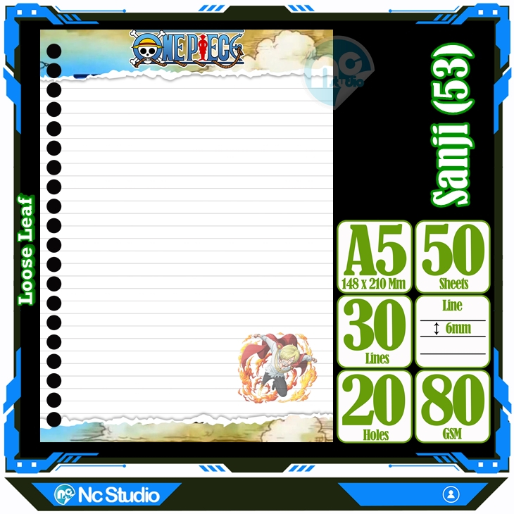 

Loose leaf Kertas binder A5 Isi 50 Lembar Polos karakter Sanji One Piece Anime Kartun Buku Refil isi ulang Repil Vol-37