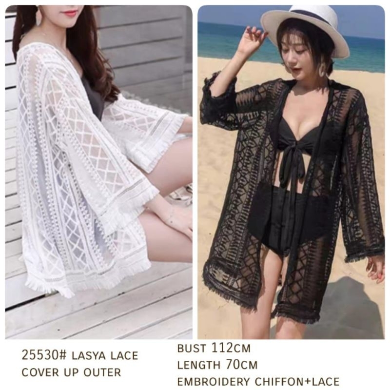 25530 Baju luaran LASYA LACE COVER UP OUTER cardigan pantai hitam putih Korean style wanita premium 